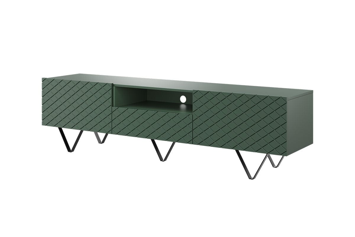 Comoda TV din pal, MDF si metal, cu 1 sertar si 2 usi, Scalia 190-2K1SZ Verde / Negru, l190xA42xH51 cm