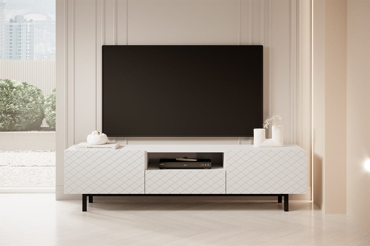 Comoda TV din pal, MDF si metal, cu 1 sertar si 2 usi, Scalia II 190-2K1SZ Alb / Negru, l190xA42xH49 cm (1)