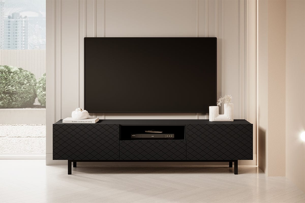 Comoda TV din pal, MDF si metal, cu 1 sertar si 2 usi, Scalia II 190-2K1SZ Negru, l190xA42xH49 cm (1)