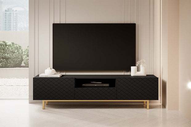 Comoda TV din pal, MDF si metal, cu 1 sertar si 2 usi, Scalia II 190-2K1SZ Negru / Auriu, l190xA42xH49 cm (1)