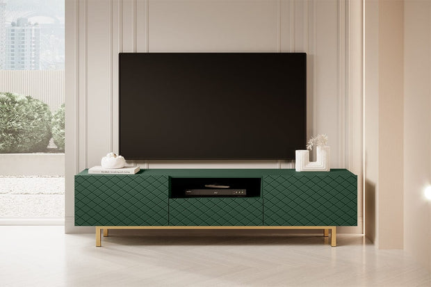 Comoda TV din pal, MDF si metal, cu 1 sertar si 2 usi, Scalia II 190-2K1SZ Verde / Auriu, l190xA42xH49 cm (1)