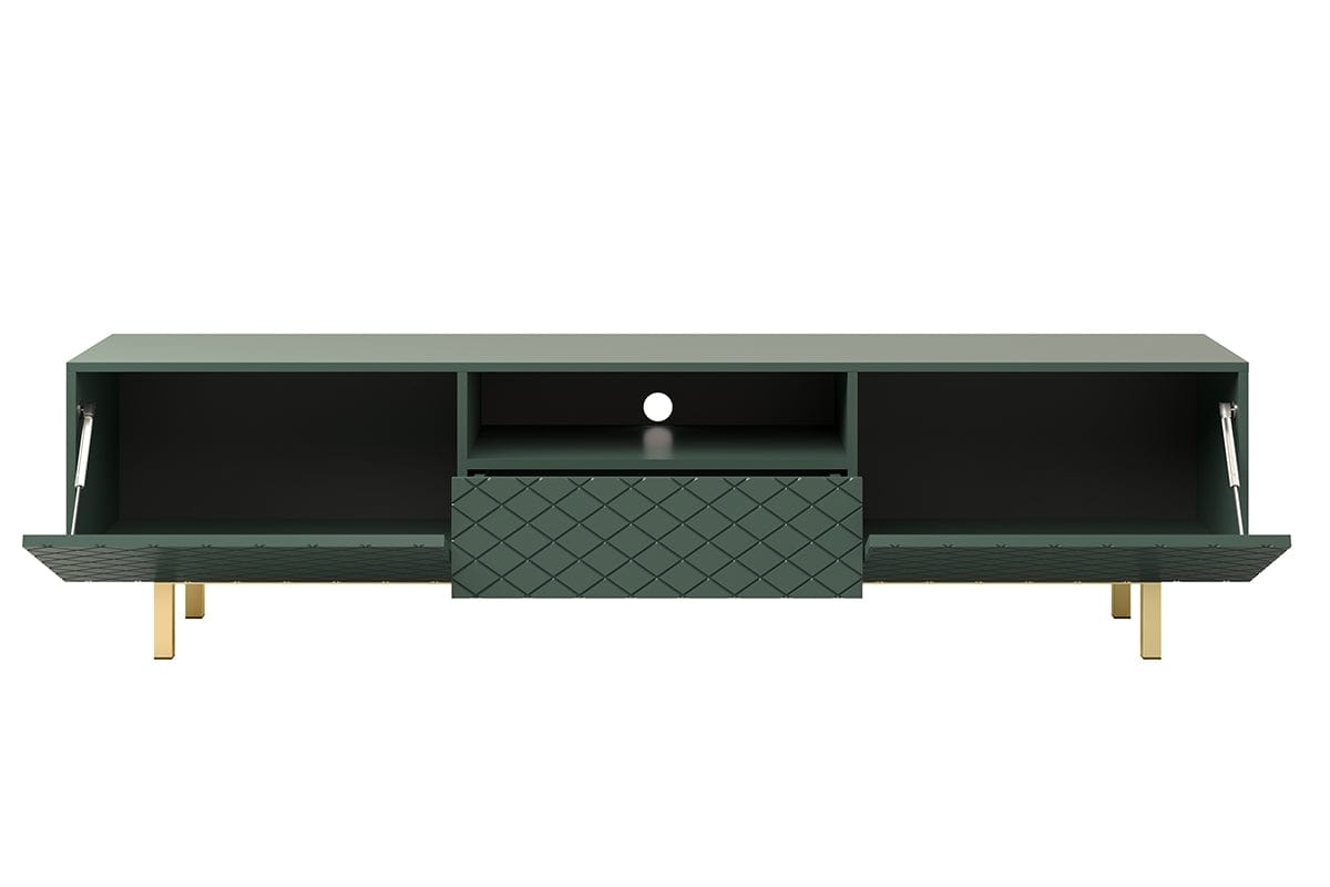 Comoda TV din pal, MDF si metal, cu 1 sertar si 2 usi, Scalia II 190-2K1SZ Verde / Auriu, l190xA42xH49 cm (4)