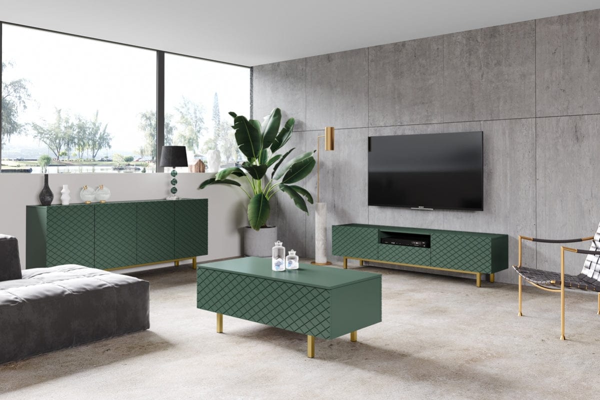 Comoda TV din pal, MDF si metal, cu 1 sertar si 2 usi, Scalia II 190-2K1SZ Verde / Auriu, l190xA42xH49 cm (2)