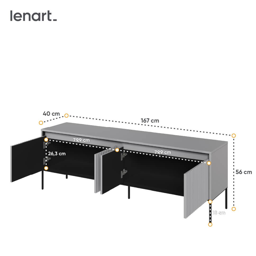 Comoda TV din MDF, pal si metal, cu 4 usi si LED inclus, Trend TR-05 Gri / Negru, l167xA40xH56 cm (3)