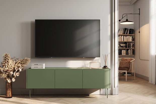 Comoda TV din pal si metal, cu 3 usi, Desin 170-3D Verde Olive, l170xA40xH60 cm (1)