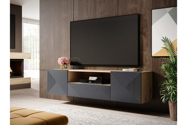 Comoda TV suspendata din pal si MDF, cu 1 sertar si 2 usi, Asha 167-2D1SZ Antracit / Stejar Artisan, l167xA40xH44 cm (1)