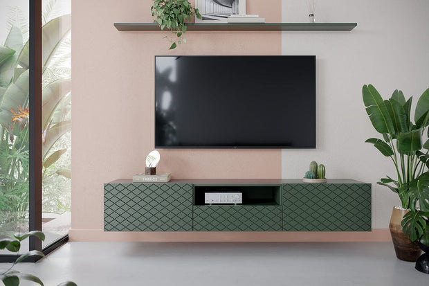 Comoda TV suspendata din pal si MDF, cu 1 sertar si 2 usi, Scalia 190-2K1SZ Verde, l190xA42xH34 cm (6)