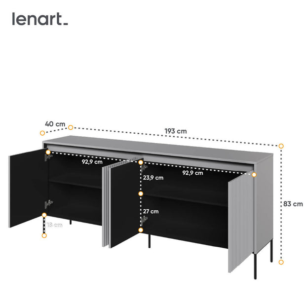 Comoda din MDF si metal, cu 4 usi si LED inclus, Trend TR-04 V2 Gri / Negru, l193xA40xH83 cm (3)