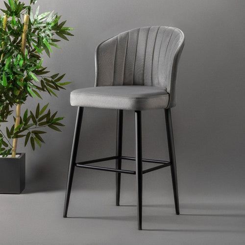Set 2 scaune de bar tapitate cu stofa si picioare metalice, Rubi Velvet Gri / Negru, l52xA42xH97 cm