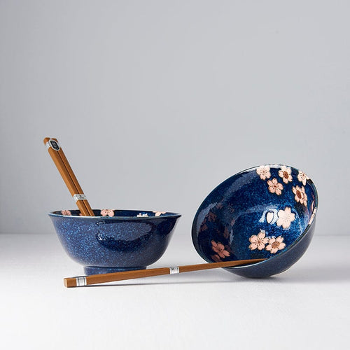 Set 2 boluri cu 4 bete japoneze, din ceramica, Sakura Albastru, 400 ml (1)