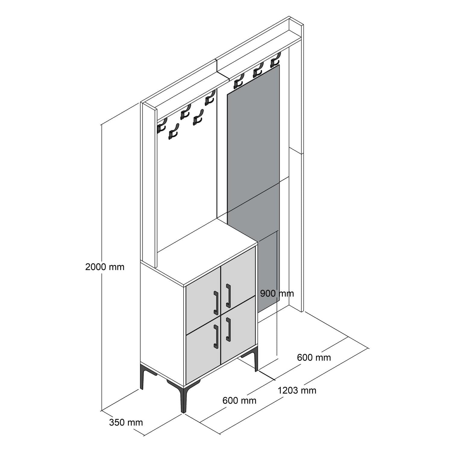 Dulap hol cu oglinda si cuier, din pal cu 4 usi, Berlin BC Nuc, l120xA35xH200 cm (5)