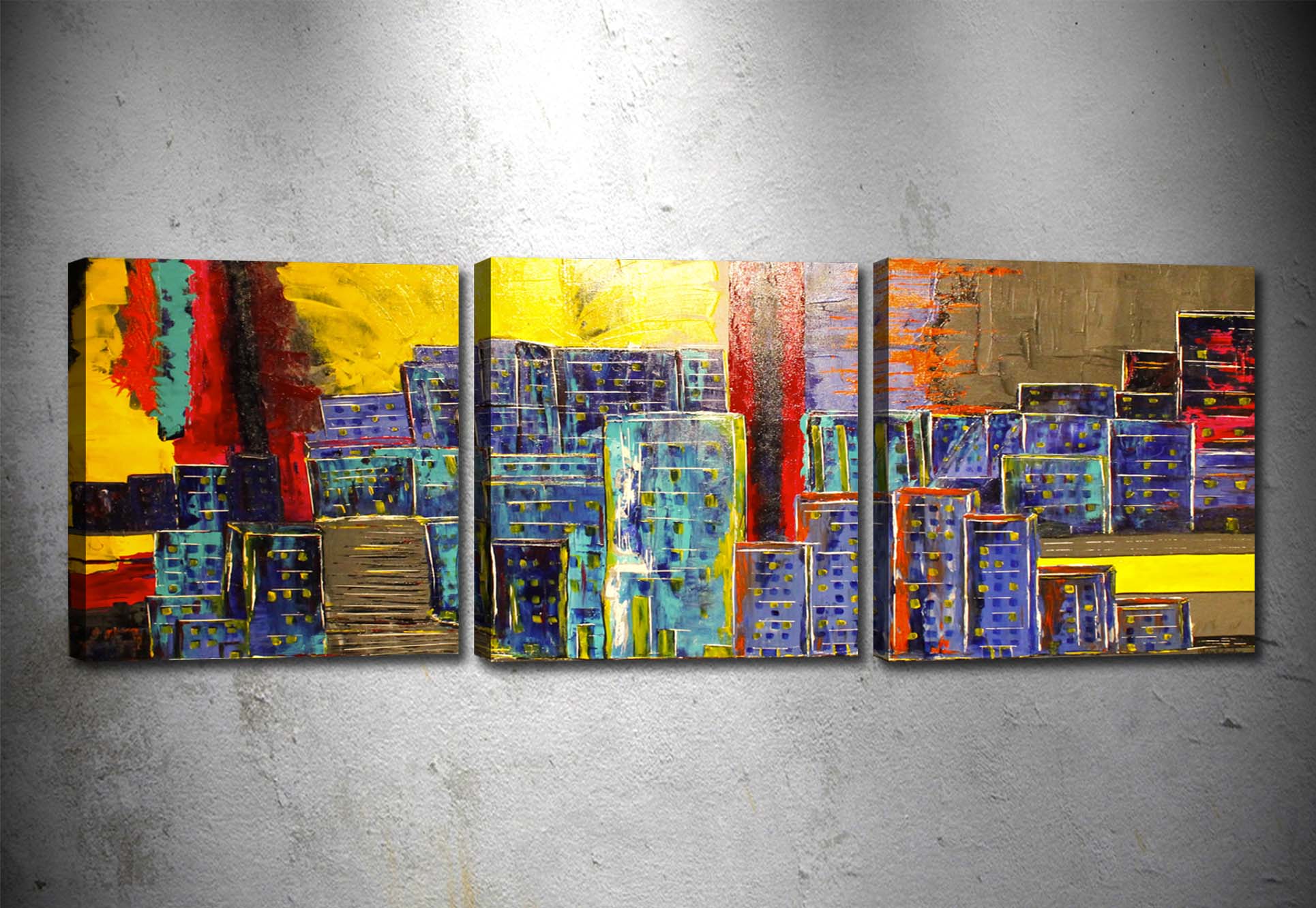 Tablou 3 piese Canvas Geometric City Multicolor, 90 x 30 cm