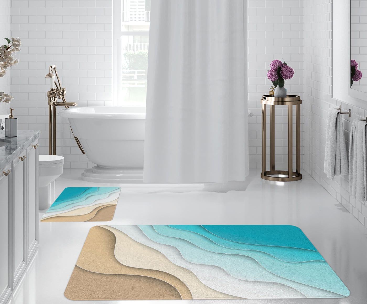 Set 2 covorase pentru baie antiderapante din poliester, Digital 156 Multicolor, 50 x 70 / 70 x 100 cm