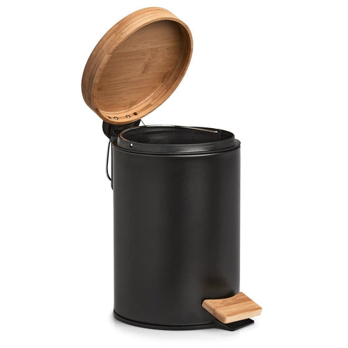 Zeller Cos de gunoi cu pedala pentru baie, din metal si bambus, Shade II Negru, Ø16,8xH24 cm
