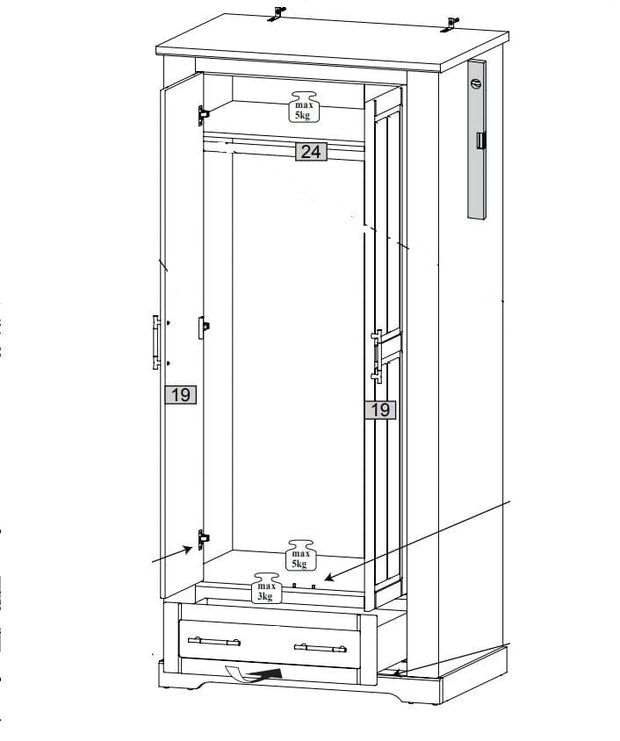 Dulap din pal, cu 1 sertar si 2 usi Country 70 Alb / Stejar, l94xA63xH203 cm (6)