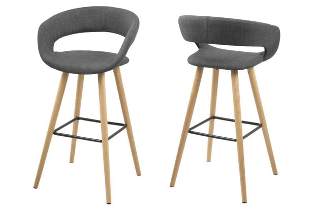 Set 2 scaune de bar tapitate cu stofa si picioare din lemn Grace Gri Inchis / Stejar, l55xA46,5xH98 cm