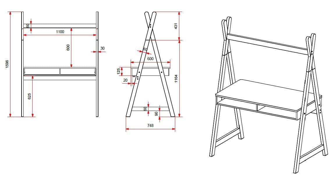 Masa de birou din lemn de pin si MDF, pentru copii Kiddy Tipi Alb / Natural, L116xl74,8xH159,6 cm (2)