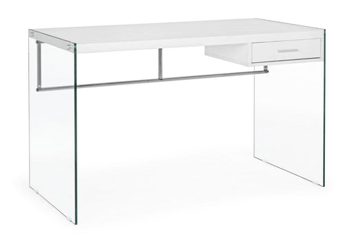 Bizzotto Masa de birou din MDF, sticla si metal, cu 1 sertar Suami Alb, L122xl60xH76 cm