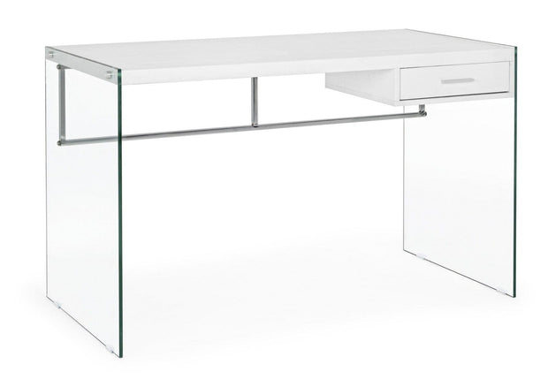 Masa de birou din MDF, sticla si metal, cu 1 sertar Suami Alb, L122xl60xH76 cm