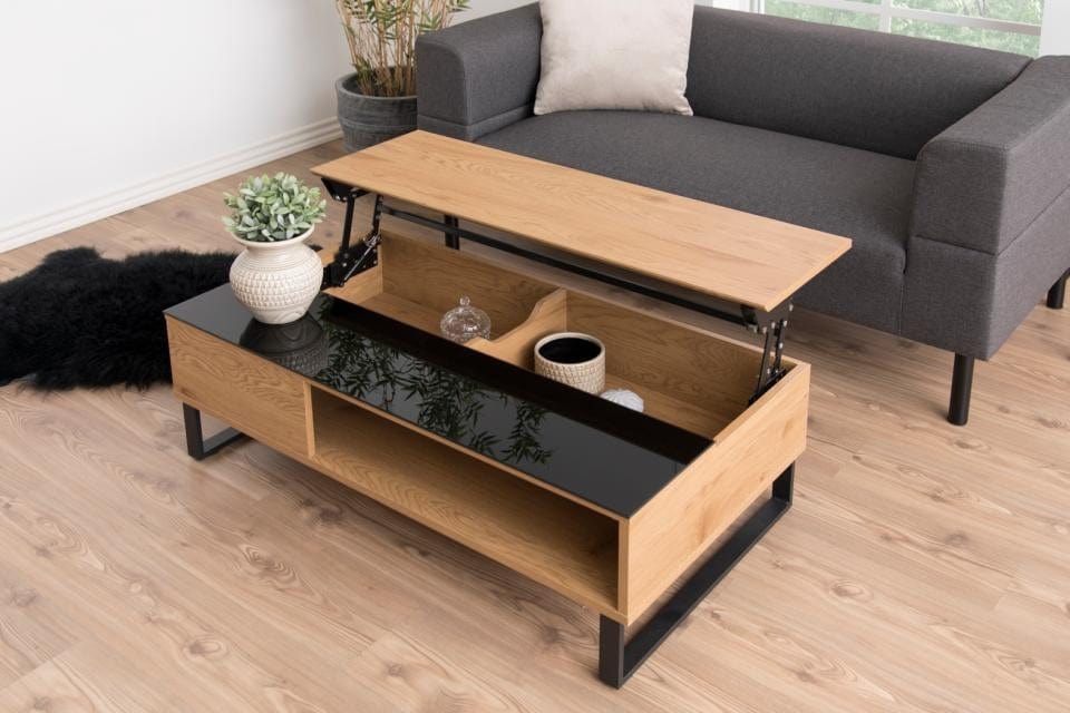 Masa de cafea din MDF, sticla si metal, cu spatiu de depozitare, Azalea Stejar Wild / Negru, L110xl60xH35 cm (2)