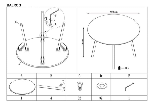 Halmar Masa rotunda din MDF si metal, Ballari Gri Deschis / Negru, Ø100xH74 cm