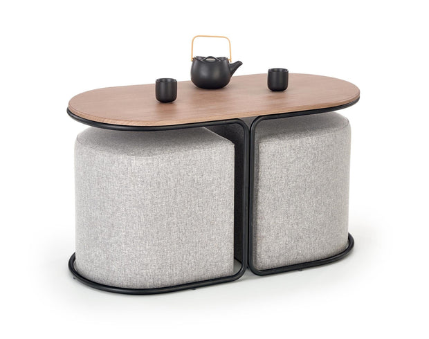 Masa de cafea din MDF si metal, Pompei Nuc / Gri / Negru + 2 Taburete, L88xl43xH49 cm