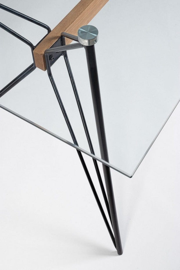 Masa din sticla, lemn si metal Primary Transparent / Negru / Natural, L160xl80xH75 cm (3)