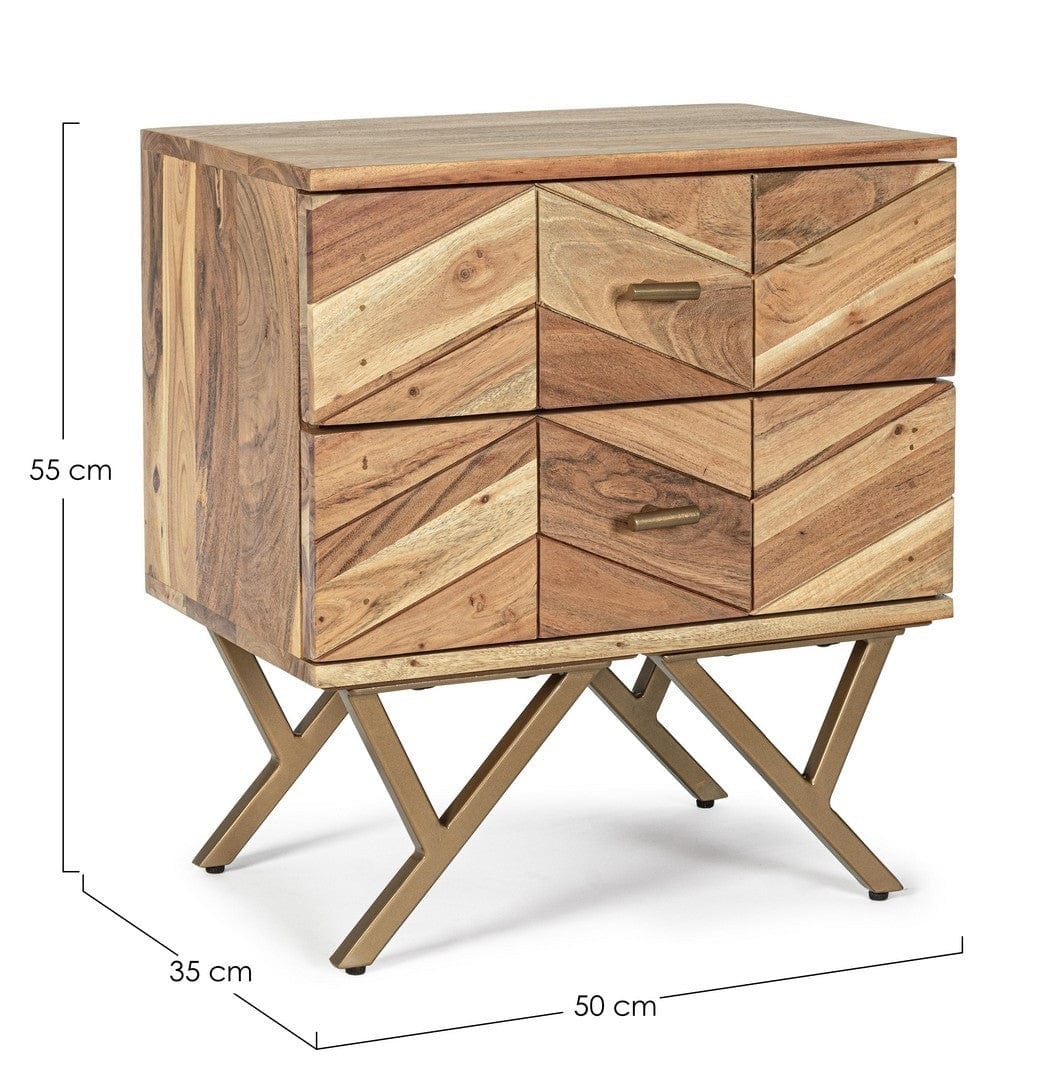 Noptiera din lemn de salcam si metal, cu 2 sertare, Raida Natural / Auriu, l50xA35xH55 cm (6)