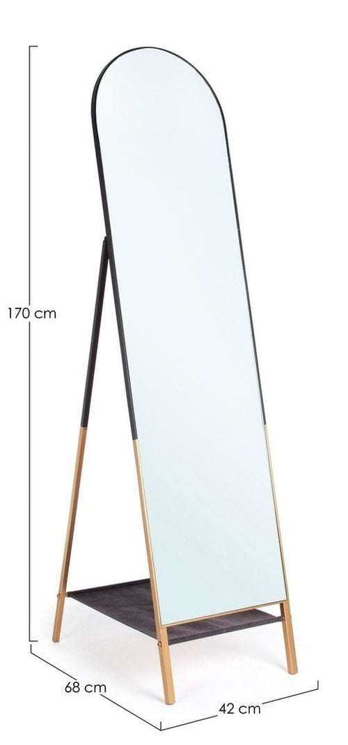 Oglinda decorativa de podea din metal, cu raft, Reflix Negru / Auriu, l42xA68xH170 cm (1)