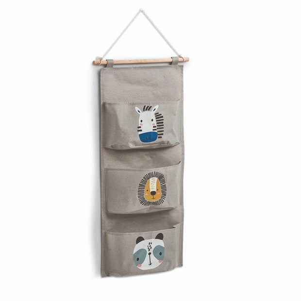 Organizator textil de perete pentru copii, cu 3 compartimente, Animals Large Gri, l20xH60 cm