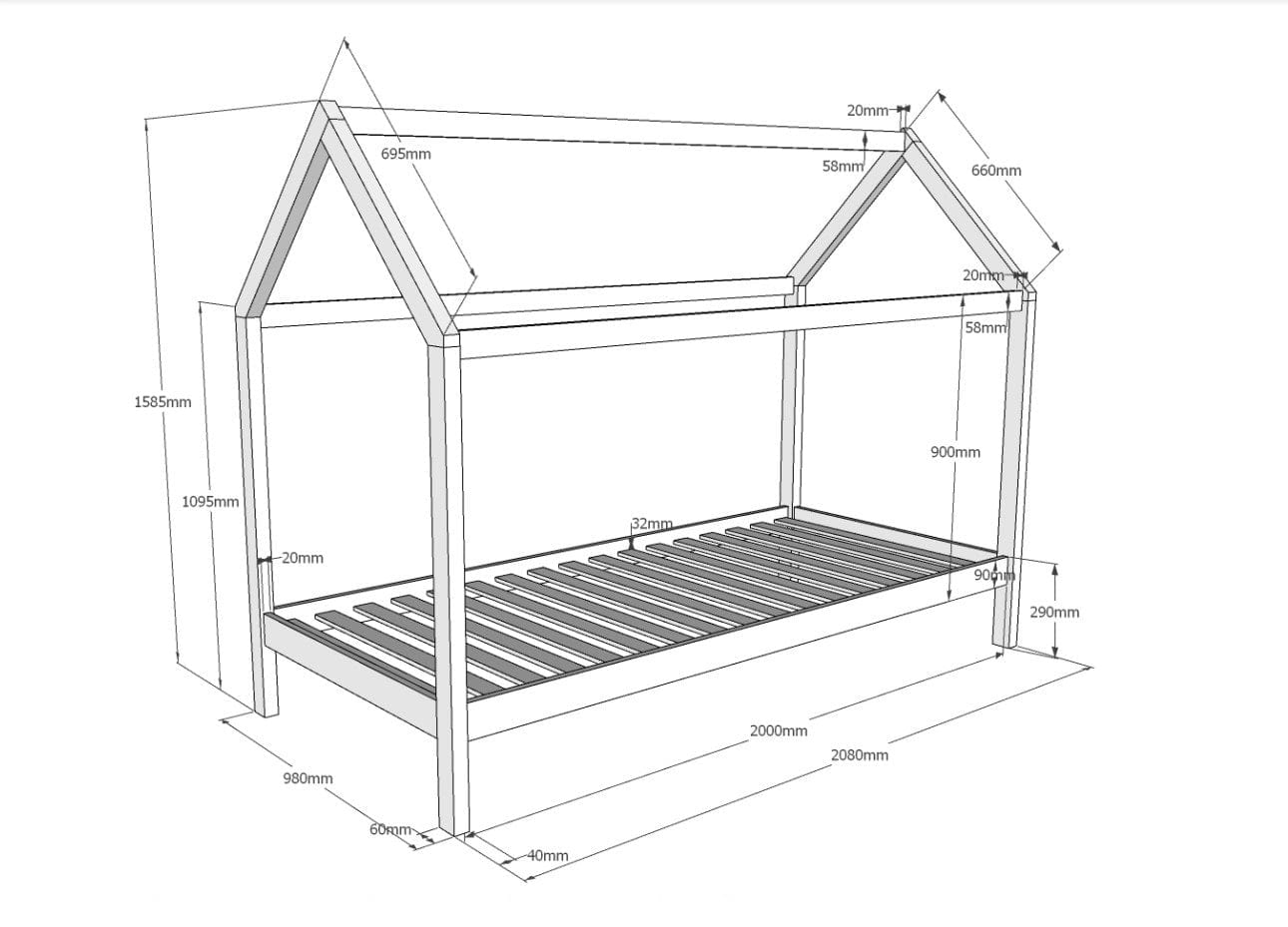 Pat din lemn de pin cu sertar, pentru copii tip casuta Dallas Alb, 200 x 90 cm (6)