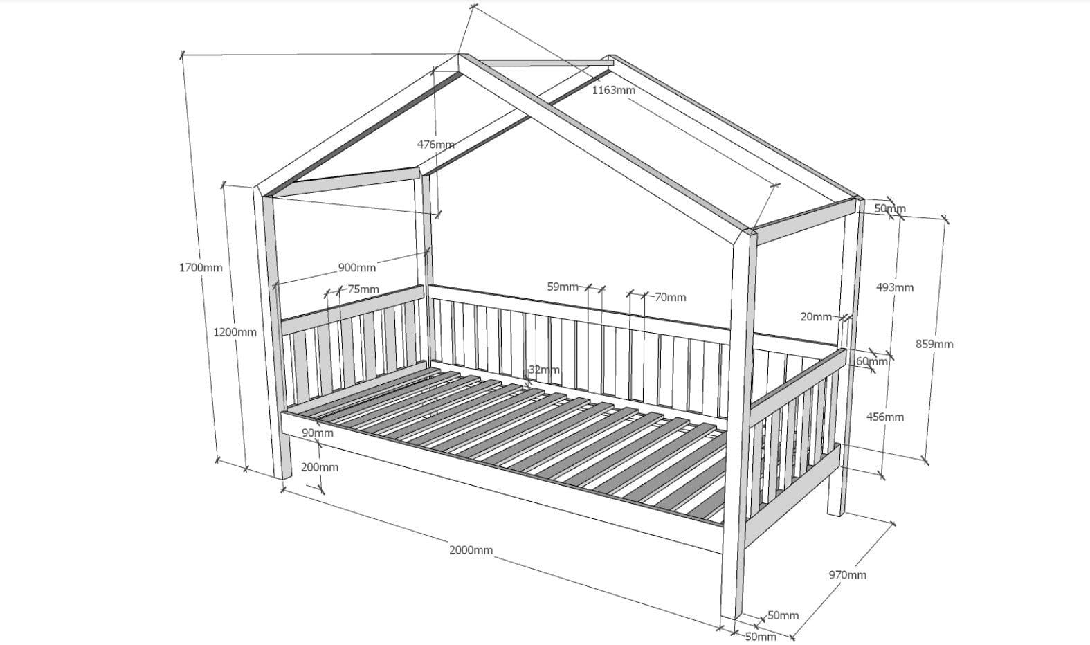 Pat din lemn de pin cu sertar, pentru copii tip casuta Dallas Capitan Alb, 200 x 90 cm (7)