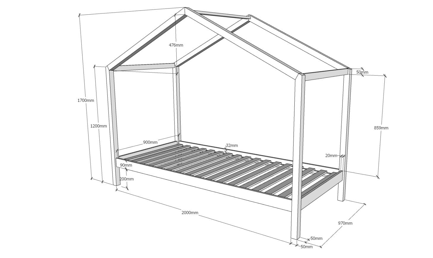 Pat din lemn de pin cu sertar, pentru copii tip casuta Dallas House Alb, 200 x 90 cm (5)