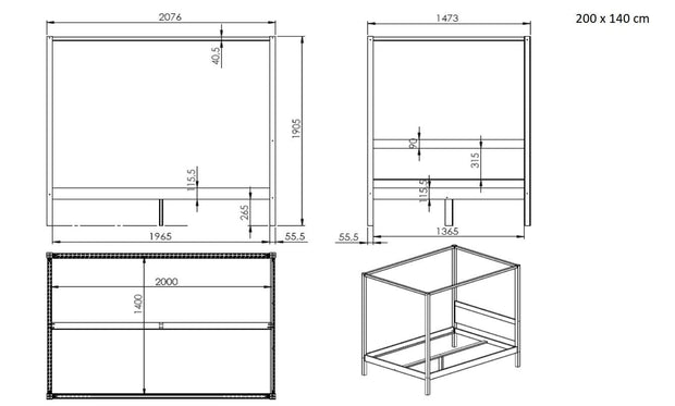 Pat din lemn de pin cu suport baldachin, pentru copii si tineret Pino Canopy Alb (6)