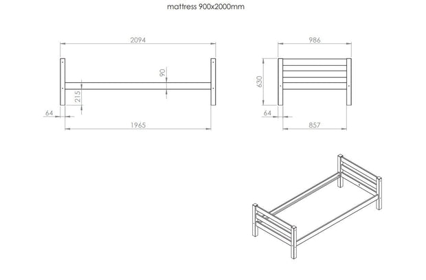 Pat din lemn de pin pentru copii Pino Simple Alb, 200 x 90 cm (2)