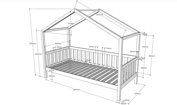 Pat din lemn de pin pentru copii tip casuta Dallas Capitan Alb, 200 x 90 cm (4)