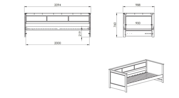 Pat din lemn de pin si MDF cu 2 sertare, pentru copii Pino Capitan Alb, 200 x 90 cm (3)