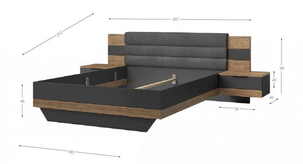 Pol-Power Pat din pal, capatai tapitat cu stofa si 2 noptiere Lines Grafit / Stejar, 200 x 180 cm