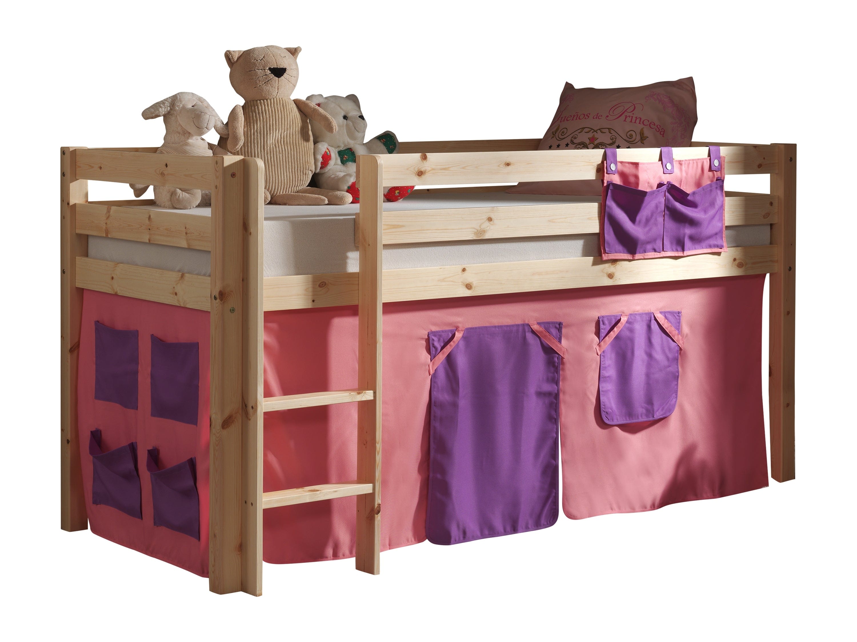 Vipack 200 x 90 cm Pat etajat din lemn de pin, cu spatiu de joaca pentru copii Pino Bella Pink Natural, 200 x 90 cm