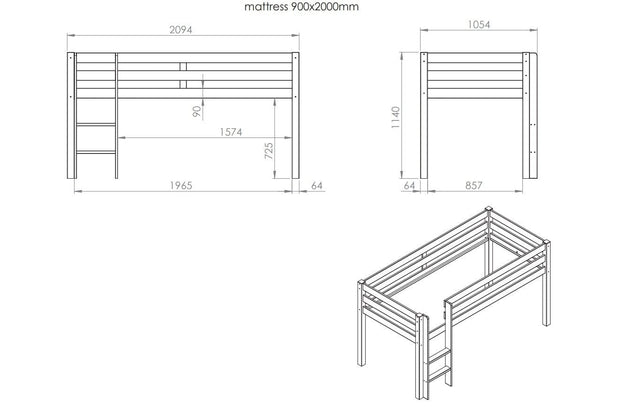 Vipack 200 x 90 cm Pat etajat din lemn de pin, cu spatiu de joaca pentru copii Pino Domino Alb, 200 x 90 cm