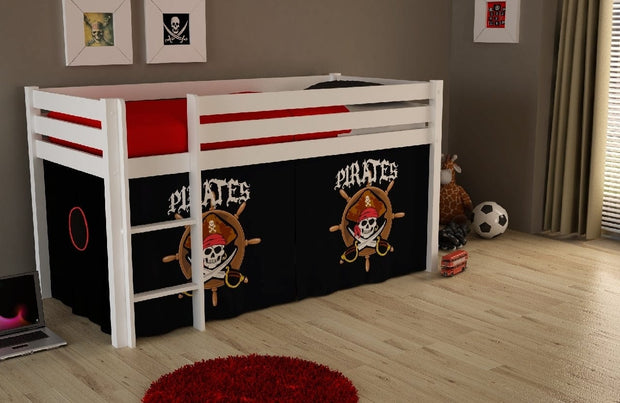 Vipack 200 x 90 cm Pat etajat din lemn de pin, cu spatiu de joaca pentru copii Pino Pirates Alb, 200 x 90 cm