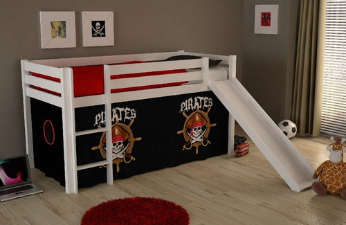 Vipack 200 x 90 cm Pat etajat din lemn de pin, cu tobogan pentru copii Pino Pirates Alb, 200 x 90 cm