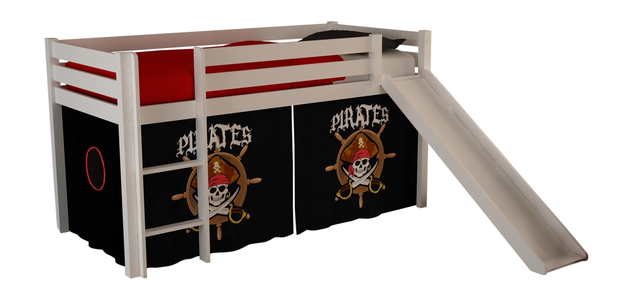 Vipack 200 x 90 cm Pat etajat din lemn de pin, cu tobogan pentru copii Pino Pirates Alb, 200 x 90 cm