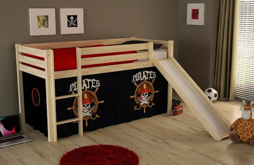 Vipack 200 x 90 cm Pat etajat din lemn de pin, cu tobogan pentru copii Pino Pirates Natural, 200 x 90 cm