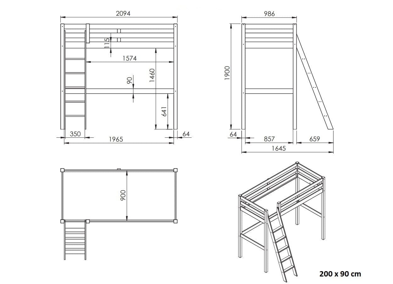 Pat etajat din lemn de pin pentru copii si tineret Pino Mezzanine II Alb (4)