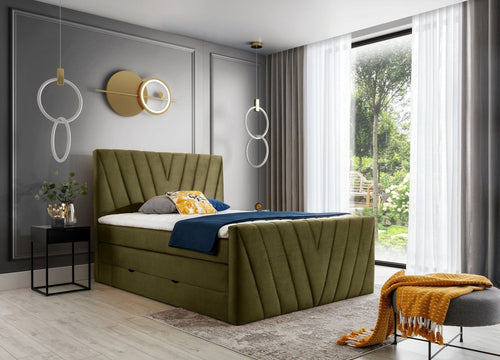 Pat rabatabil cu lada de depozitare, tapitat cu stofa, Candys Boxspring Verde Olive