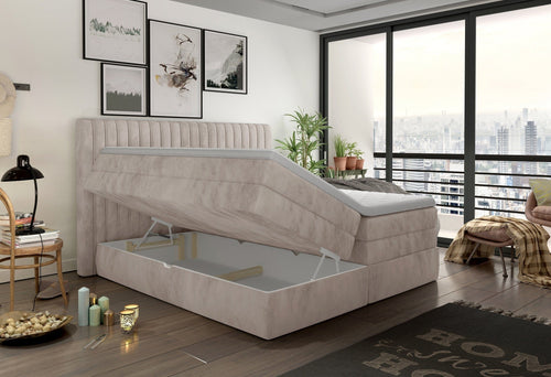 Wersal Pat rabatabil cu lada de depozitare, tapitat cu stofa Mina Boxspring Crem, topper inclus, 200 x 160 cm