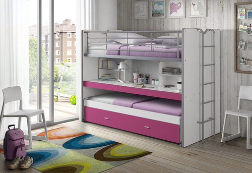 Vipack 200 x 90 cm Pat supraetajat din pal si metal cu birou incorporat si sertar, pentru copii Bonny Alb / Fucsia, 200 x 90 cm