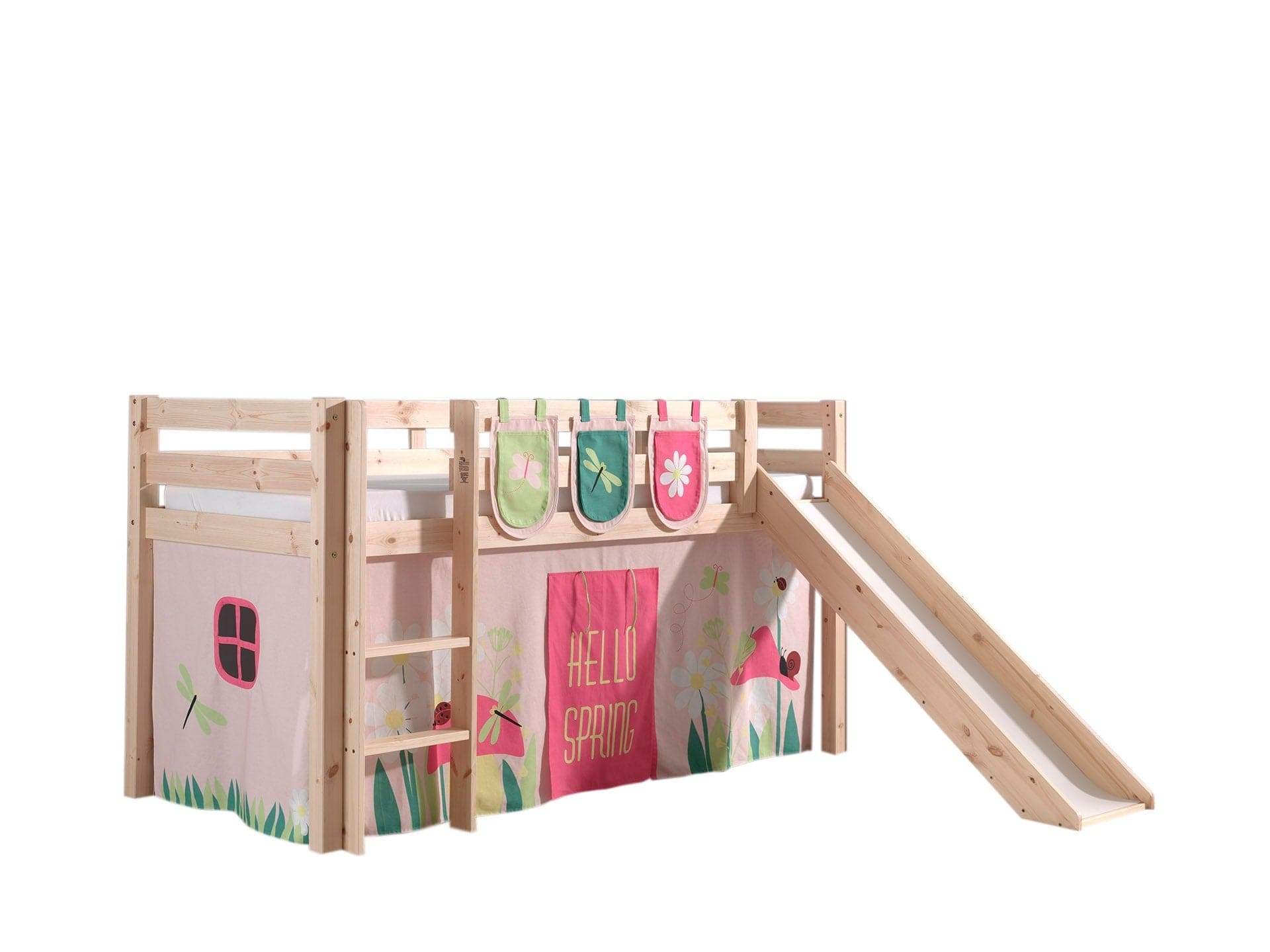 Pat etajat din lemn de pin, cu tobogan pentru copii Pino Plus Spring Natural, 200 x 90 cm (1)