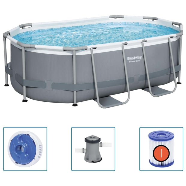 Piscina cu cadru metalic si 3 accesorii incluse, Bestway Power Steel Oval Gri, L305xl200xH84 cm (1)